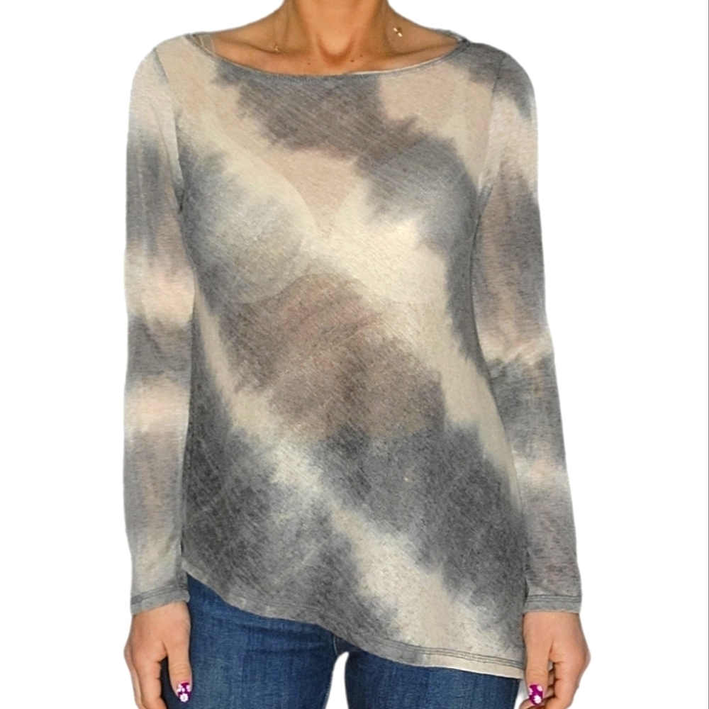 Prana Asymmetrical Semi Sheer Long Sleeve Top Size Medium Brown Creme